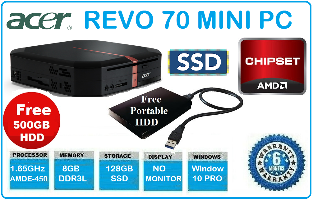 Acer Revo 70 Mini Desktop PC 1.65GHz 8GB RAM 128GB SSD W10 PRO WIFI + Free 500GB