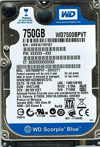 WD Scorpio Blue  750 GB SATA 2.5'' 5400 RPM  WD7500BPVT Laptop Hard Drive