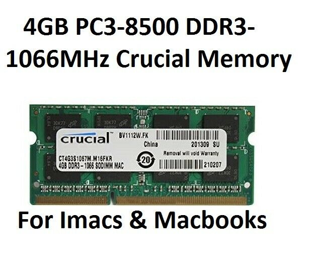 4GB Memory Ram Crucial PC3-8500 DDR3-1066MHz 204-Pin SoDimm Apple iMac & Macbook