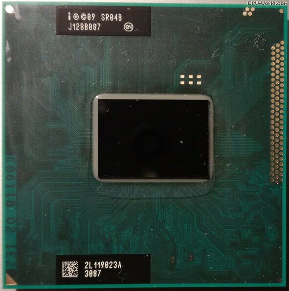 An Intel Core i5 Mobile i5-2410M 2.3GHz Socket G2 (rPGA988B) SR04B TURBO 988-pin CPU with a black heatsink and a green circuit board.