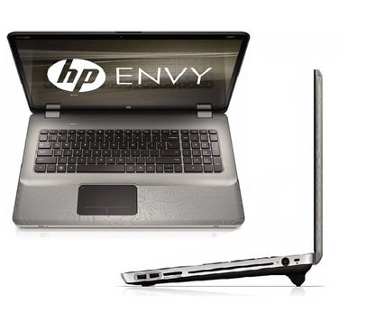 HP Envy laptop with the lid open showing the keyboard and screen, positioned next to the laptop's stand.