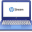 HP Stream 13.3 inch blue netbook laptop with a visible keyboard and screen, displaying the HP logo on the screen.