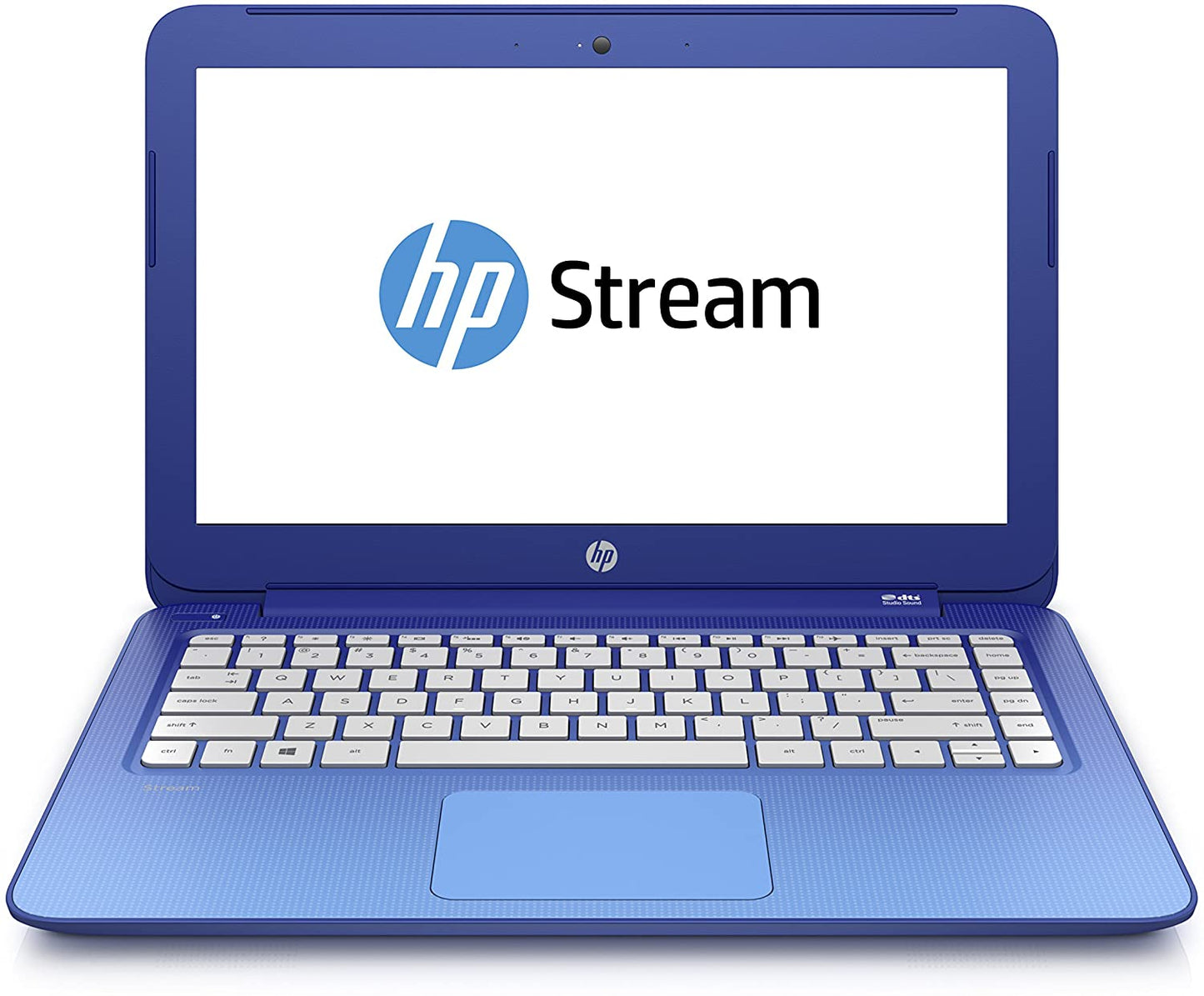 HP Stream 13.3 inch blue netbook laptop with a visible keyboard and screen, displaying the HP logo on the screen.