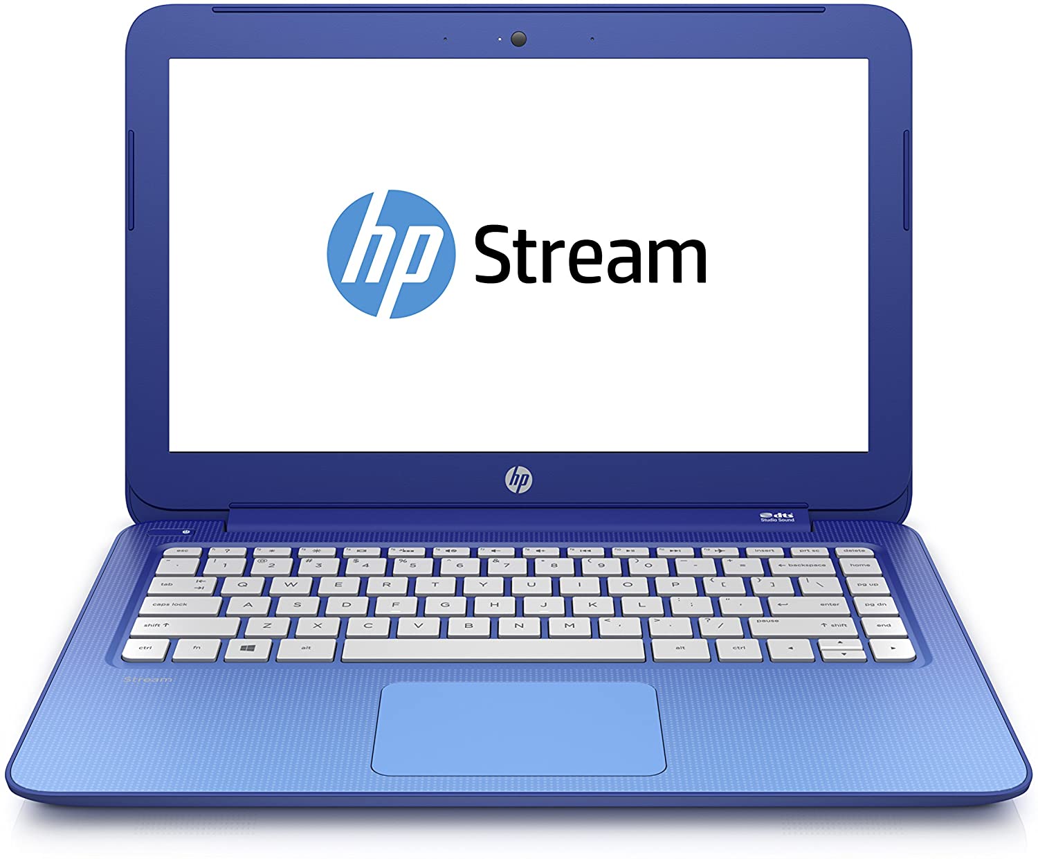 HP Stream 13.3 inch blue netbook laptop with a visible keyboard and screen, displaying the HP logo on the screen.
