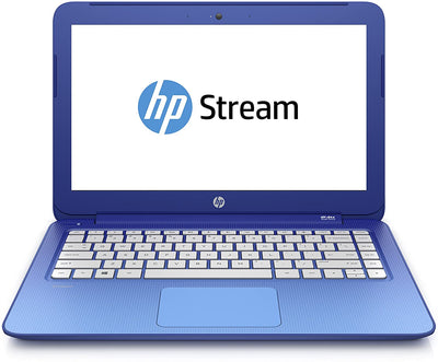 HP Stream 13.3 inch blue netbook laptop with a visible keyboard and screen, displaying the HP logo on the screen.