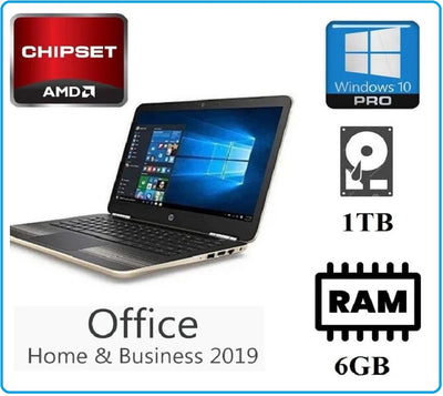 HP laptop with AMD processor, 1TB hard drive, 6GB RAM, Touchscreen display, and Windows 10 operating system, promoting Office Home & Business 2019.