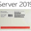 Microsoft Server 2019 packaging with branding and product details.