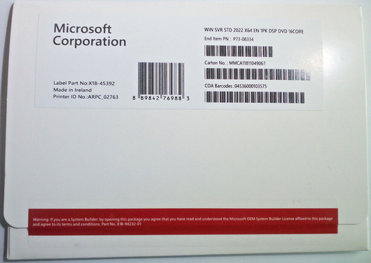 Sealed Windows Server 2022 Standard 16, 64Bit DVD & COA | P73-08334