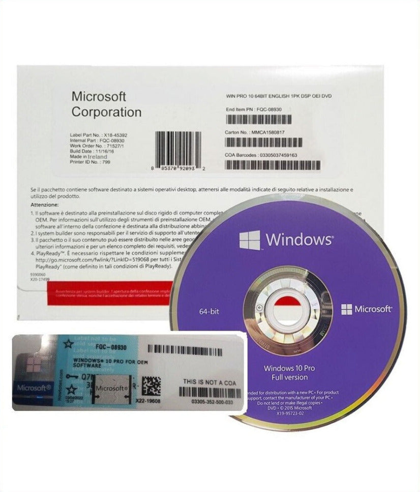 Sealed Microsoft Windows 10 Pro 64-Bit OEM DVD and Certificate of Authenticity (COA)