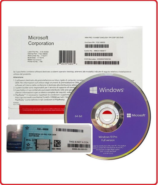 Microsoft WINDOWS PRO 10 64-Bit Eng OEM DVD & COA Sealed Pack | FQC-08929